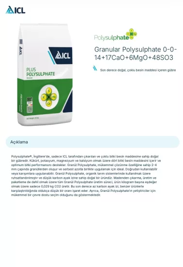 ICL Polysulphate Tam Organik Granül Toprak Düzenleyici 0-0-14​+​17CaO​+​6MgO​+​48SO3 25kg